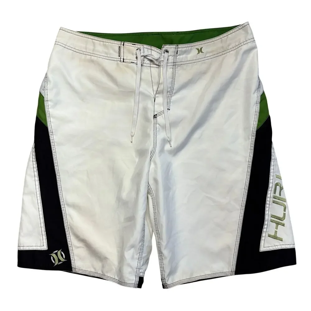 Vintage Hurley Boardshorts 38 White Green Swim Trunks Surfing Classic 90s Y2K